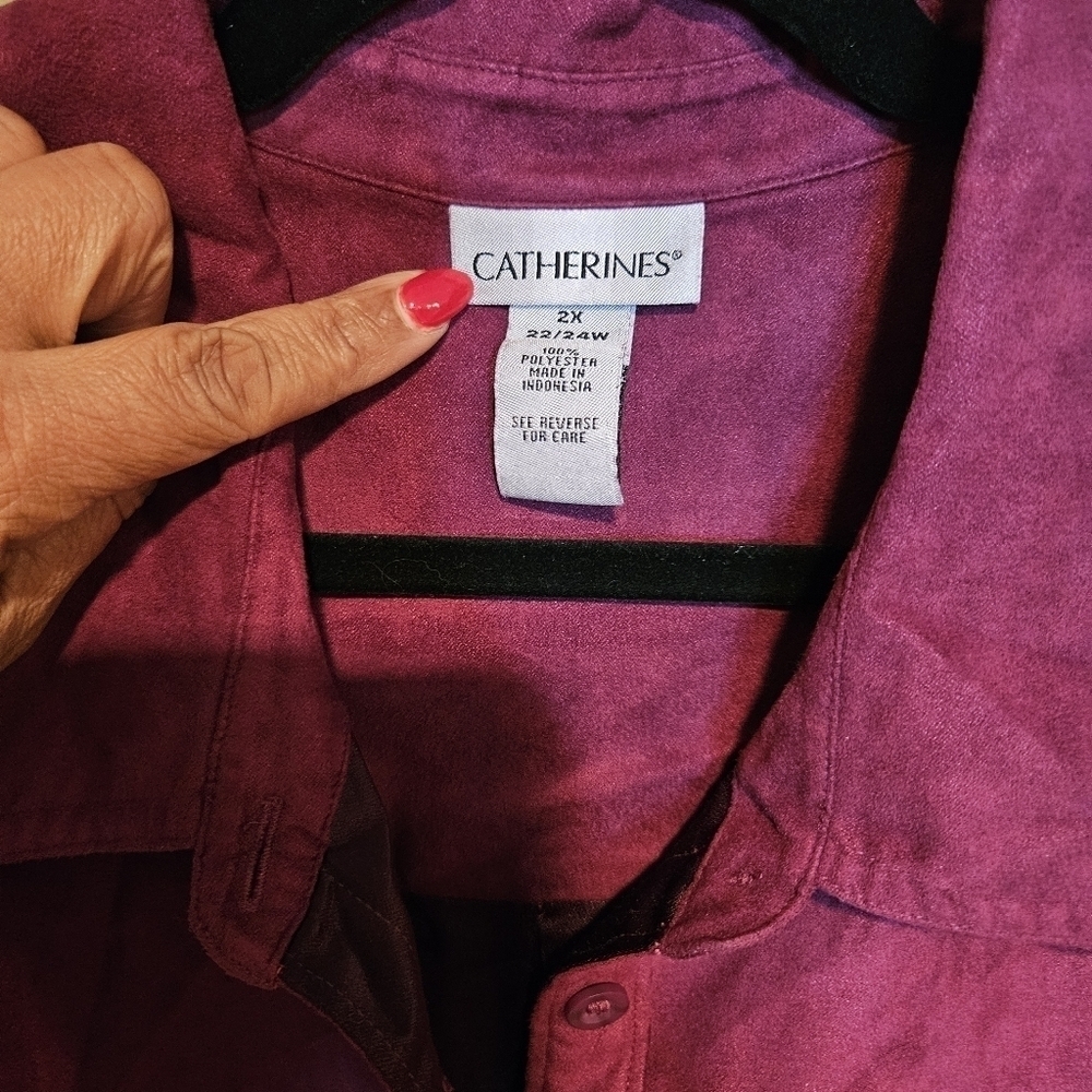 Catherine's Faux Suede Button-Down Shirt, Jacket, Burgundy, Plus Size 2X, Winter - Picture 4 of 5